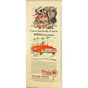 Texaco Co. "Try MARFAX Chassis Lubrication for that Cushiony Feel" Print Ad 1948